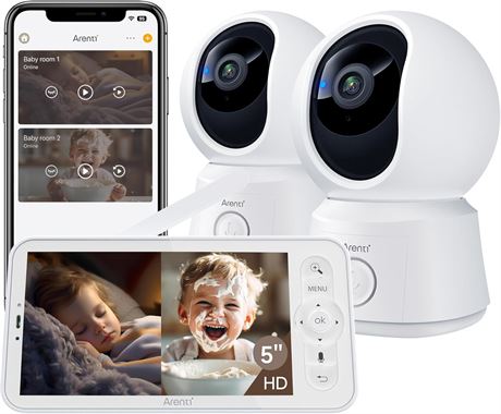 ARENTI Baby Monitor 2 Cameras, Smart Baby Camera with 5-Inch Wireless Display