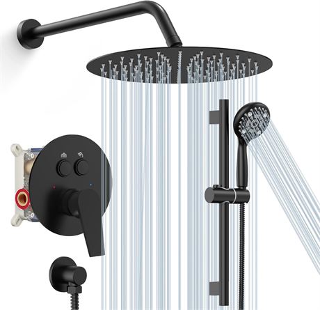 SR SUN RISE Matte Black Rain Shower System 12" Head with Slide Bar