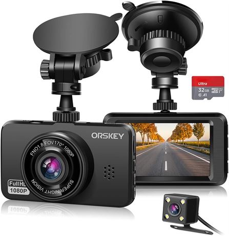 ORSKEY Dash Cam Front & Rear 1080P Dual Lens with Loop Recording & G-Sensor