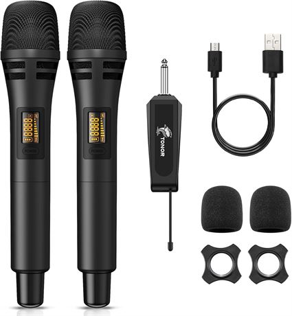 TONOR TW320 Wireless Mics, 2x UHF, 6.35mm Receiver, 200ft Range, Black