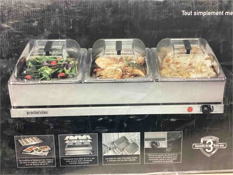 Proctor Silex Triple Buffet Server Food Warmer 3 Tray Stainless Steel Lids