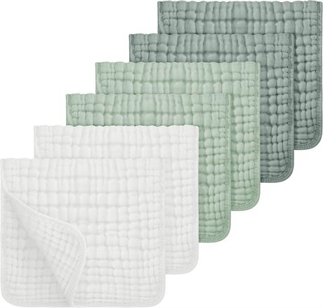 Looxii Muslin Burp Cloths 20x10 Cotton 6 Pack Soft & Absorbent White/Green