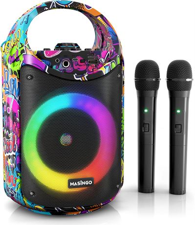 MASINGO Karaoke Machine C10 V2 with 2 Wireless Mics LED Speaker for Kids Adults