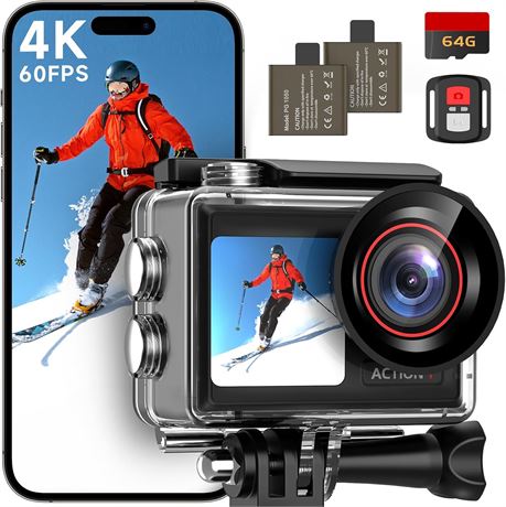 4K Action Camera with Dual Screens, 132FT Waterproof, 64GB, EIS, WiFi Remote