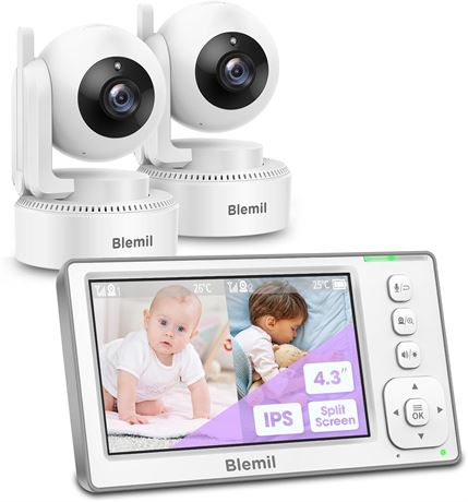 Blemil Baby Monitor: 2 Cameras, 29h Battery, 1000ft Range, No WiFi, 2x Zoom