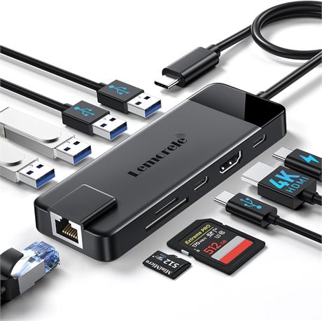 Lemorele Adaptateur USB-C 10 en 1 HDMI 4K SD TF Ethernet 100W