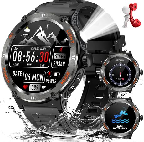 Military Smart Watch for Men with LED Flashlight, 500mAh 1.53  3ATM Rugged