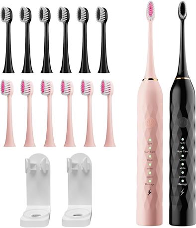 Electric Toothbrush 2 Pack with 10 Replacement Heads, 2 Holders (Black & Pink)