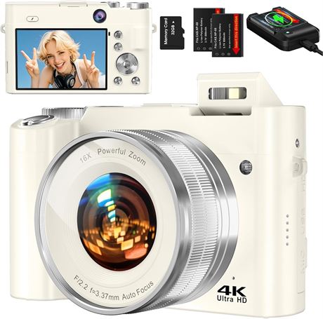 Digital Camera 64MP Vlogging with 32GB Card, Front/Rear Dual, 4K 16x Zoom