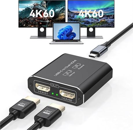USB C to Dual HDMI Adapter, 4K@60Hz Extended Display Splitter for 2 Monitors