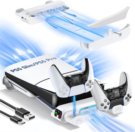 PS5 Slim/Pro Cooling Stand with Dual Controller Charger, 3-Level Fan