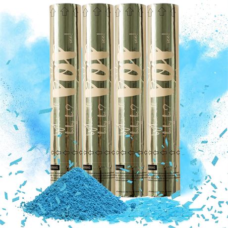Gender Reveal Confetti Powder Cannons, 4 Blue Biodegradable Poppers