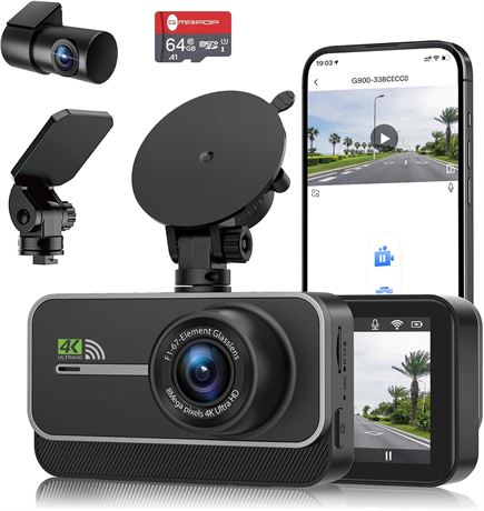 Dash Cam Front & Rear 4K+1080P WiFi Dual Car Camera with App, 170