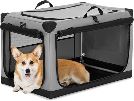 PETSFIT Collapsible Dog Crate 76L x 51W x 48H cm, 3 Mesh Doors, Indoor Grey