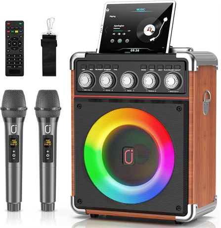 HWWR 100W Karaoke Machine with 2 Mics, Bluetooth PA Speaker w/ DJ Lights
