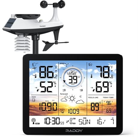 Raddy AG7 Weather Station Wireless Indoor/Outdoor Thermometer, 7.4" Display