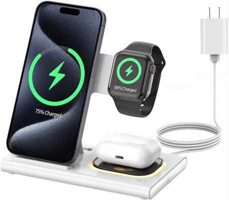 Station Charge 3-en-1 Pliable Apple iPhone Watch AirPods Sans Fil Blanche