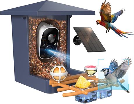 Bird Feeder with Camera with AI Identify Bird Species Solar Panel sky Blue Color