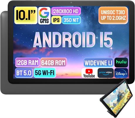 Android Tablet 10.1in, 12GB/64GB, up to 1TB, WiFi/Bluetooth, 5MP+5MP