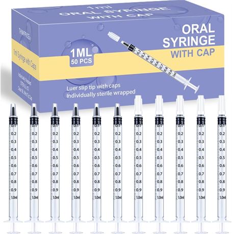50 Pcs 1ml Syringes with Caps, Sterile, for Medicine Drops