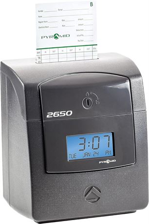 Pyramid 2650 Pro Auto Aligning Time Clock Bundle 25 Cards Ribbon Keys Charcoal