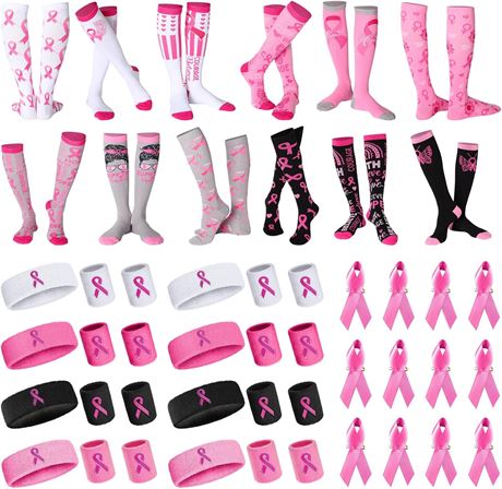 12 Pairs Pink Ribbon Socks + 12 Wristbands + 12 Pins, Cancer Awareness