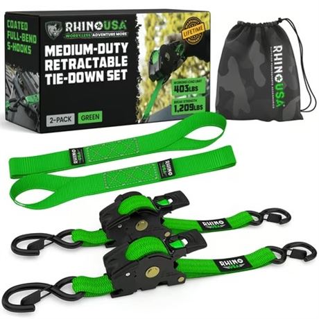 Rhino USA 1" x 10' Ratchet Straps, 1,209 lb Break Strength, Green 2-Pack