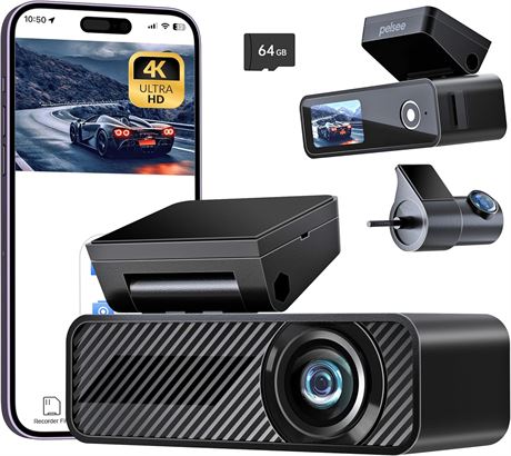 Pelsee P1 Duo 4K Dash Cam Front Rear 64GB WiFi App Control 1.5" Display Camera