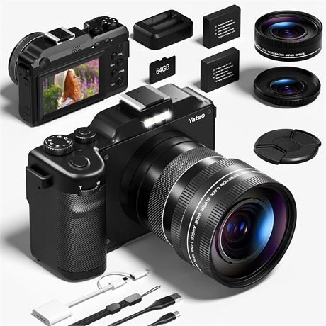 Yatao WiFi Digital Camera 4K/5K 64MP Kit with Dual Front/Rear, 64GB Card