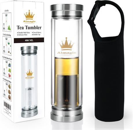 Tea Infuser Bottle for Loose Leaf Teas, 400 ml / 13.5 oz, Double-Wall Glass