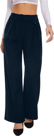 FUNYYZO High-Waisted Pleated Work Pants for Women, Elastic Waist, Blue