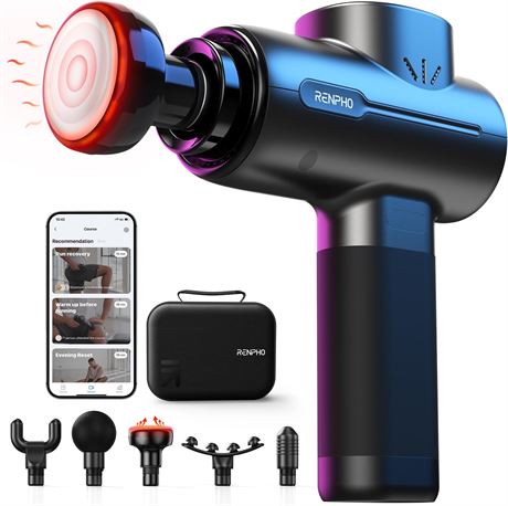 RENPHO pistolet massage Bluetooth chaleur 5 vitesses 5 têtes étui