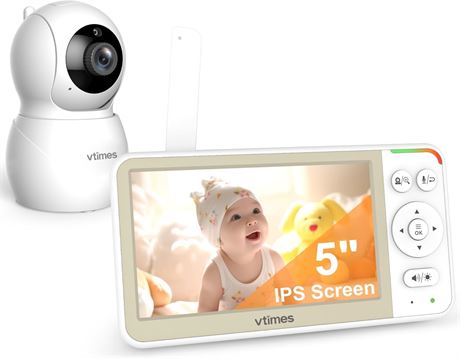 VTimes Baby Monitor No WiFi, 5' Screen, 32h Battery, PTZ, VOX, 2-Way Talk