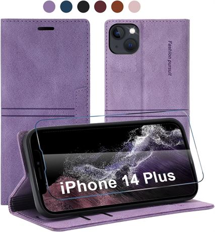 Case for iPhone 14 Plus, Leather Wallet Case with 1 Tempered Glass Screen