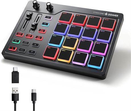 Donner MIDI Pad Maker 16 Pads, 2 Faders & Knobs USB MIDI Pad STARRYPAD