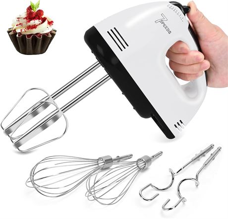 GWB- Hand Mixer Electric, 7 Speeds, with Beaters, Whisks & Dough Hooks White