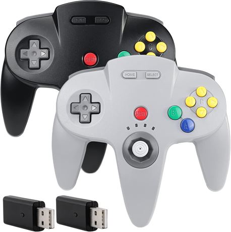 2-Pack 2.4 GHz Wireless N64 Controller with USB Dongle, Plug & Play, Gray/Black