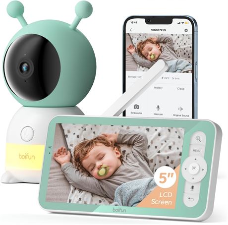 BOIFUN 2K Baby Monitor WiFi with 360° Camera & 5" Display