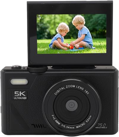 XUMIUZIY 5K Digital Camera, 18X Zoom, 75MP, Auto Focus, 5K Video, Black
