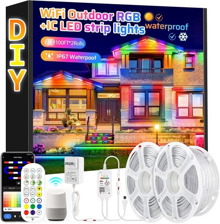 200FT RGB+IC Outdoor LED Strip Lights Waterproof with RF Remote & BT Music Sync