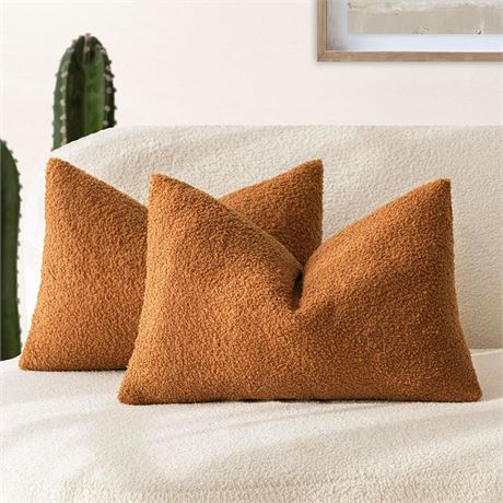 Foindtower Pack of 2 Curly Faux Fur Lumbar Pillow Covers 12x20 Bronze