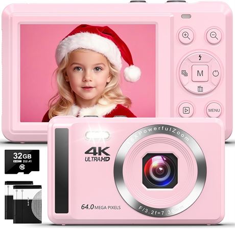 Digital Camera 4K, 64MP, 2.4' Compact, 16x Zoom, 2 Batteries, 32GB SD