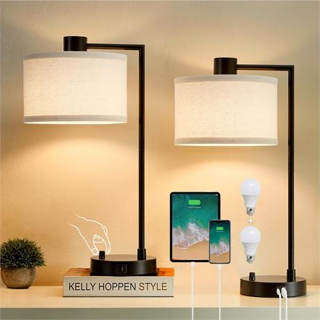 Luvkczc Lot de 2 lampes de table USB-C/USB-A, abat-jour lin, intensit