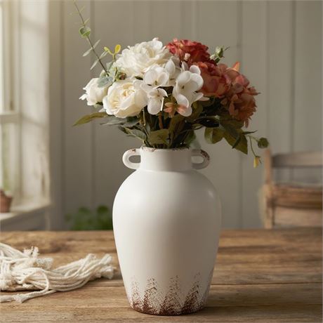 LOMANDA Ceramic Vase, Rustic Farmhouse Hand-Painted Matte White, 8 inch