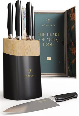 LORDELLE 5-Piece Knife Block - Black Vintage, German X50 Steel, ABS Handle