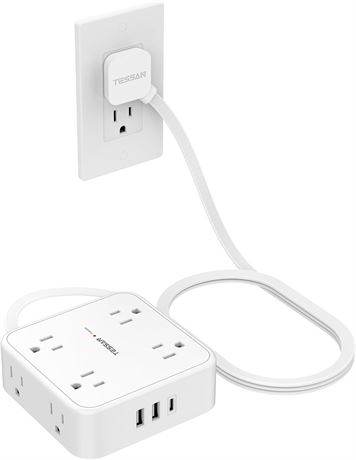 TESSAN Flat Plug Power Bar 5 ft Extension Cord, 8 Outlets, 3 USB (1 USB-C)