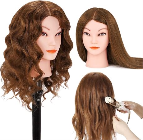 Tête Mannequin Cheveux Naturels 18" Brun Foncé avec Support & Accessoires