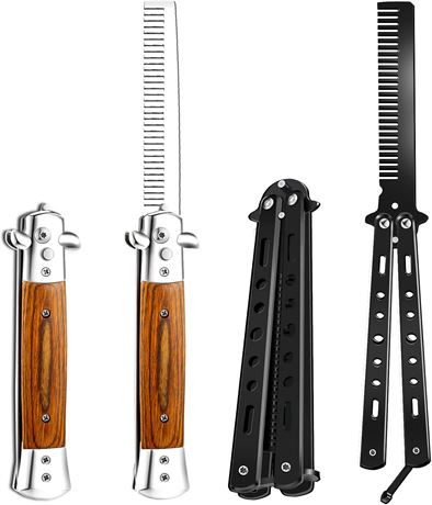 CHENGU Wood-Grain Switchblade Comb, Stainless Foldable Butterfly, Push Button
