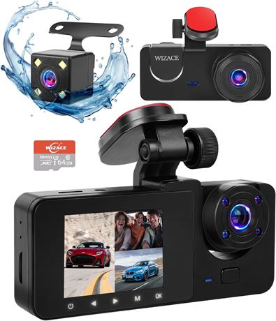 WIZACE 1080P 3CH Dash Cam Front & Rear IR Night Vision G-Sensor 64GB SD Card