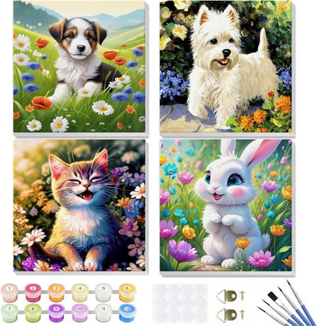 4 Kids Paint by Numbers Sets Framed Animal Cartoon Easy Acrylic Art Canvas 8x8"